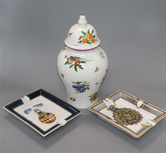 A Richard Ginori for Gucci lidded jar and cover, a Hermes painted ash tray and another